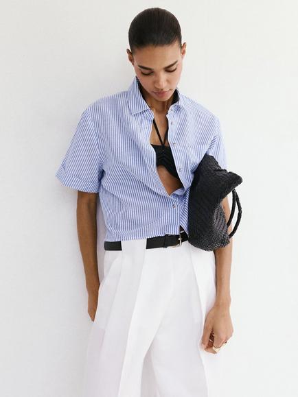 Mango Cotton-Linen Cropped Loose Fit Shirt, Sky Blue, Sky Blue