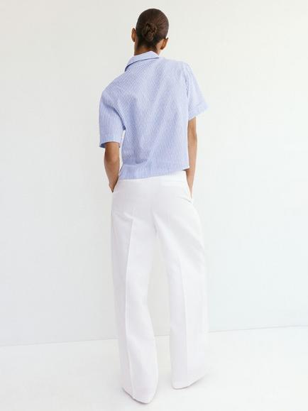 Mango Cotton-Linen Cropped Loose Fit Shirt, Sky Blue - view 2, Sky Blue