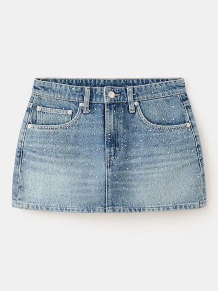 Mango Rhinestone Embellished Denim Mini Skirt, Blue, Blue