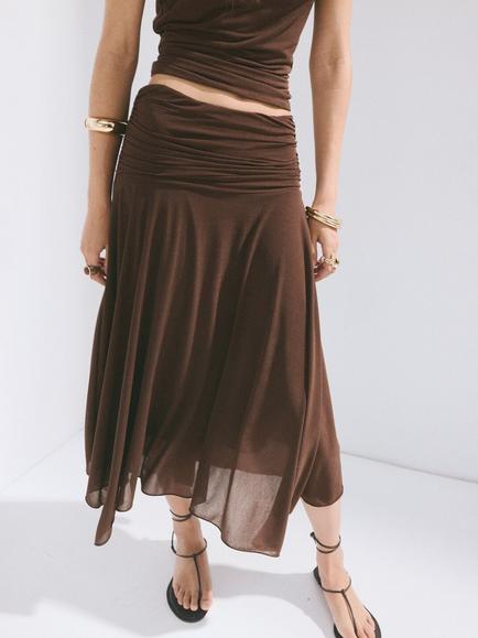 Mango Ruched Waist Asymmetric Midi Skirt, Brown, Brown