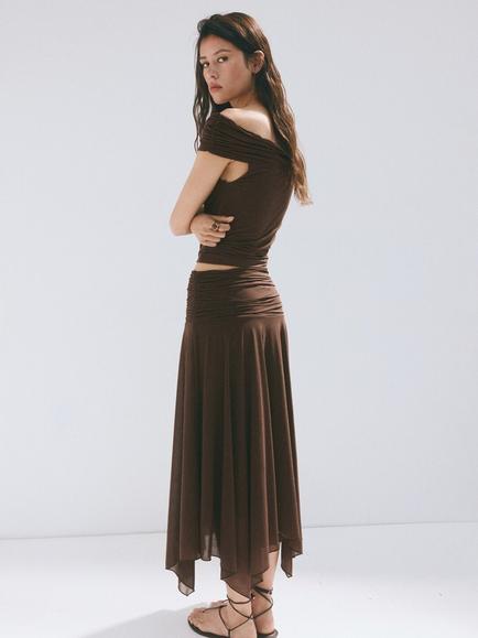 Mango Ruched Waist Asymmetric Midi Skirt, Brown - view 2, Brown