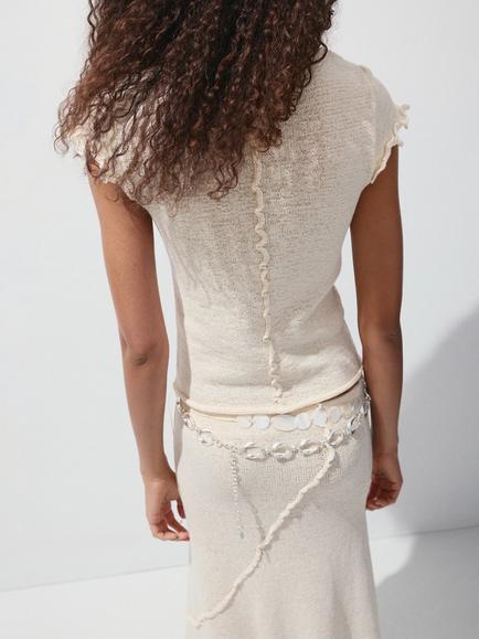 Mango Cap Sleeve Lettuce Trim Hem Top, Sand - view 2, Sand