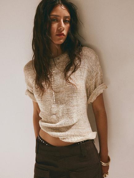 Mango Relaxed Knit Short Sleeve T-Shirt, Beige, Beige