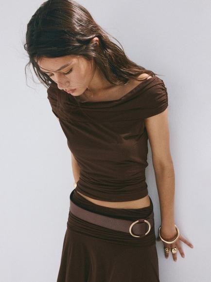 Mango Slim Fit Bardot Top, Brown, Brown