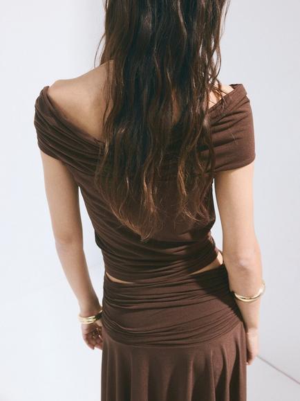 Mango Slim Fit Bardot Top, Brown - view 2, Brown