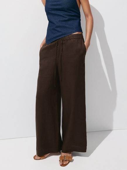 Mango Drawstring Waist Wide Leg Linen Trousers, Chocolate