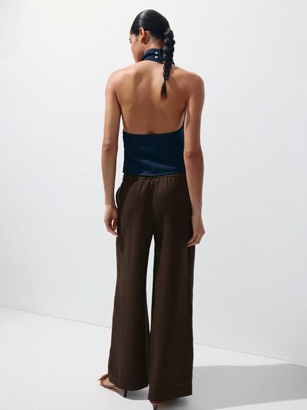 Mango Drawstring Waist Wide Leg Linen Trousers - view 2, Chocolate