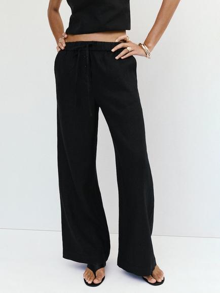 Mango Drawstring Waist Wide Leg Linen Trousers, Black