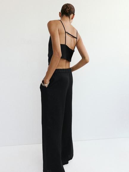 Mango Drawstring Waist Wide Leg Linen Trousers - view 2, Black