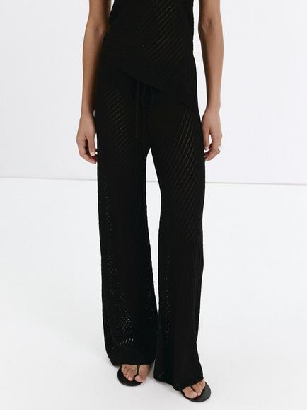Mango Tie Waist Wide Leg Trousers, Black, Black