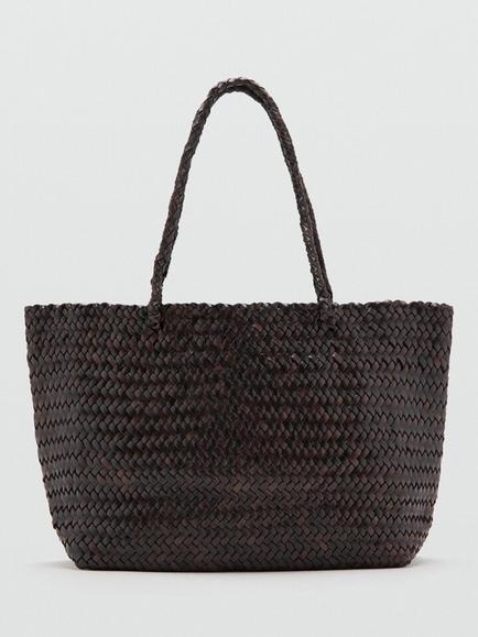 Mango Woven Leather Shoulder Bag, Chocolate