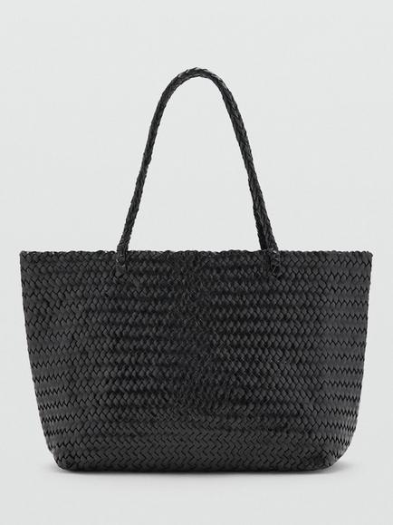 Mango Woven Leather Shoulder Bag, Black