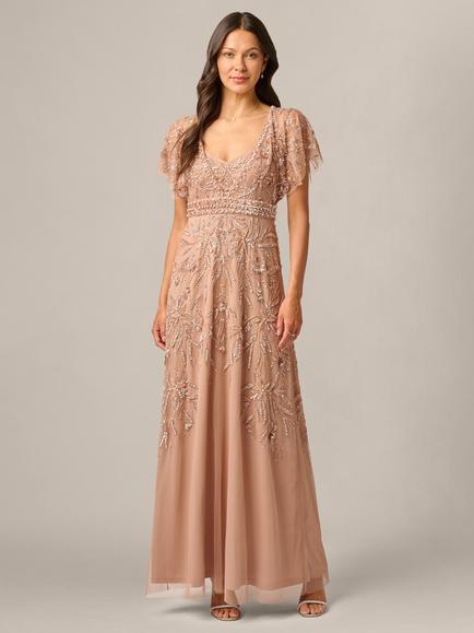 Adrianna Papell Beaded Mesh Maxi Dress, Rose Gold, Rose Gold