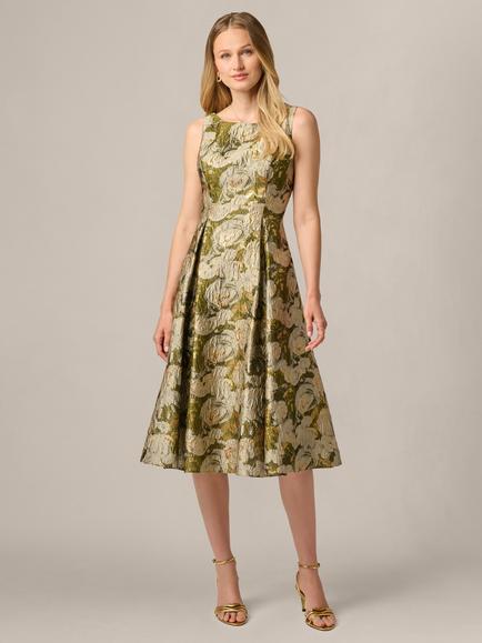 Adrianna Papell Boat Neck Jacquard Midi Dress, Olive Multi, Olive Multi
