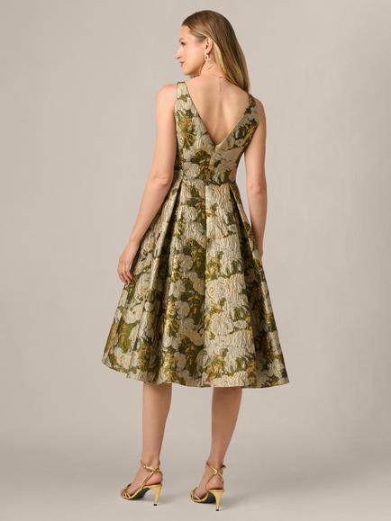 Adrianna Papell Boat Neck Jacquard Midi Dress, Olive Multi - view 2, Olive Multi