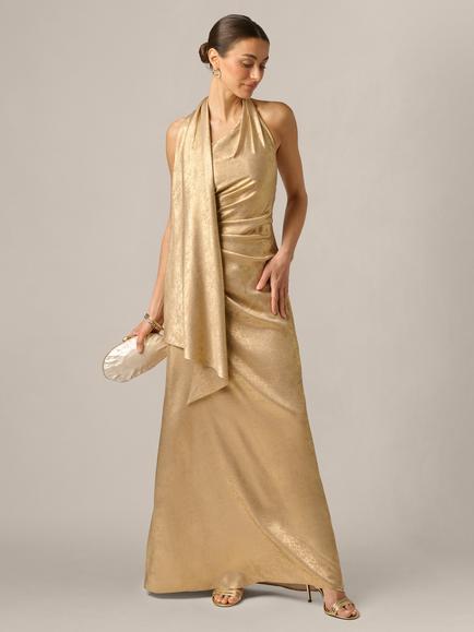 Adrianna By Adrianna Papell Foiled Chiffon Asymmetrical Scarf Maxi Dress, Light Gold, Light Gold