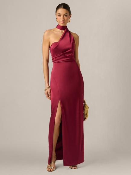 Adrianna Papell Stretch Satin Maxi Dress, Crimson Haze, Crimson Haze