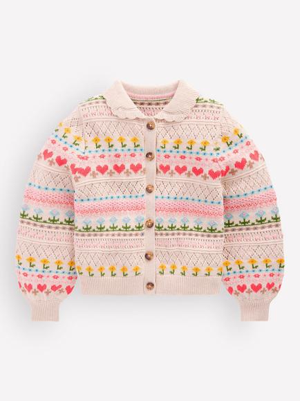 Mini Boden Kids' Collared Cotton Cardigan, Oatmeal Marl Flowers, Oatmeal Marl Flowers