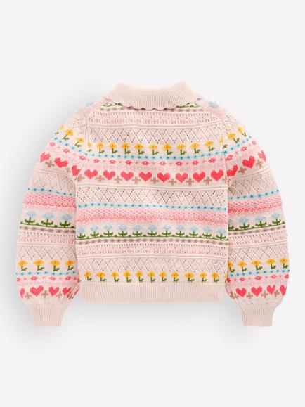 Mini Boden Kids' Collared Cotton Cardigan, Oatmeal Marl Flowers - view 2, Oatmeal Marl Flowers