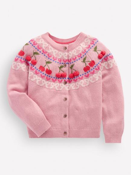 Mini Boden Kids' Edie Fair Isle Round Neck Cardigan, Pink Cherries, Pink Cherries