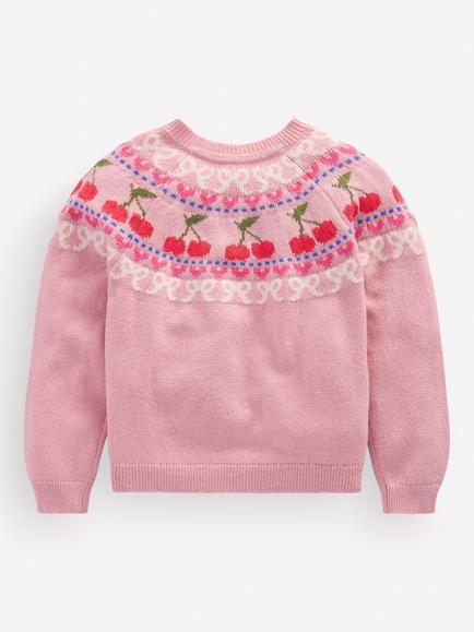 Mini Boden Kids' Edie Fair Isle Round Neck Cardigan, Pink Cherries - view 2, Pink Cherries
