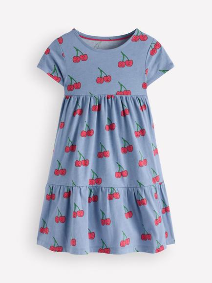 Mini Boden Kids' Ariel Twirly Cotton Dress, Blue Cherries, Blue Cherries