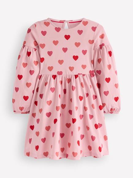 Mini Boden Kids' Blouson Sleeve Cotton Dress, Heart Print, Heart Print