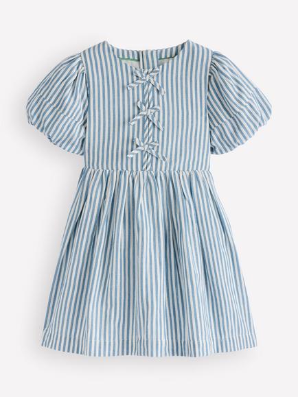 Mini Boden Kids' Bow Front Woven Cotton Rich Dress, Blue, Blue