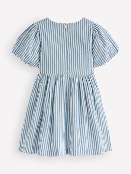 Mini Boden Kids' Bow Front Woven Cotton Rich Dress, Blue - view 2, Blue