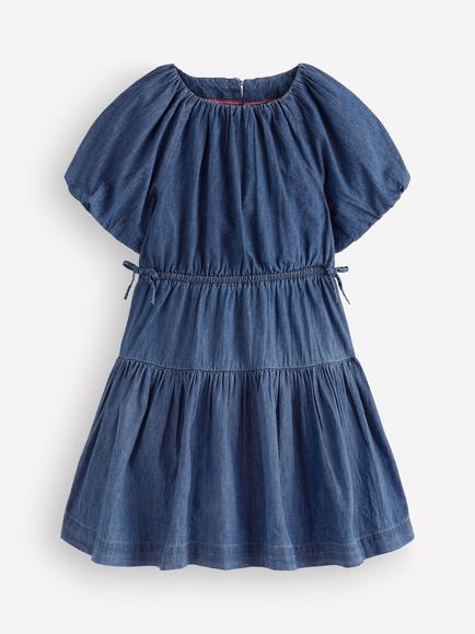 Mini Boden Kids' Bow Waist Woven Dress, Mid Vintage Denim, Mid Vintage Denim