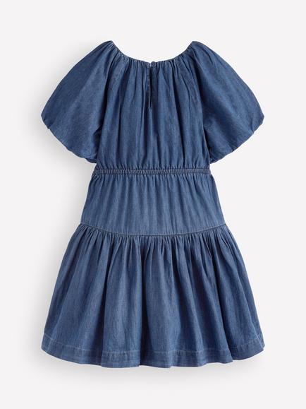 Mini Boden Kids' Bow Waist Woven Dress, Mid Vintage Denim - view 2, Mid Vintage Denim