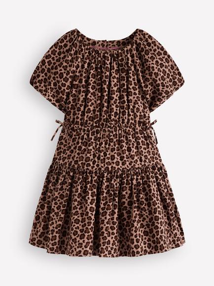 Mini Boden Kids' Short Sleeve Drawstring Dress, Leopard Print, Leopard Print