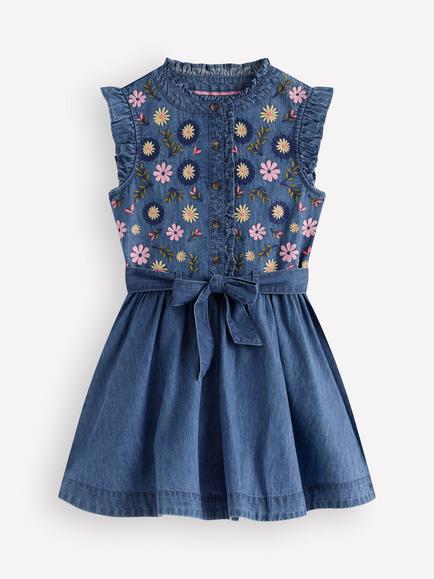 Mini Boden Kids' Sleeveless Embroidered Ruffle Dress, Mid Vintage, Mid Vintage