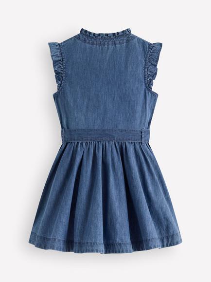 Mini Boden Kids' Sleeveless Embroidered Ruffle Dress, Mid Vintage - view 2, Mid Vintage