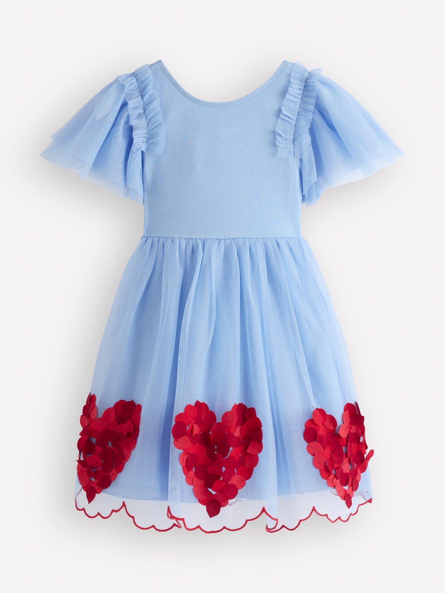 Mini Boden Kids' 3D Applique Frill Sleeve Tulle Dress, Blue Hearts