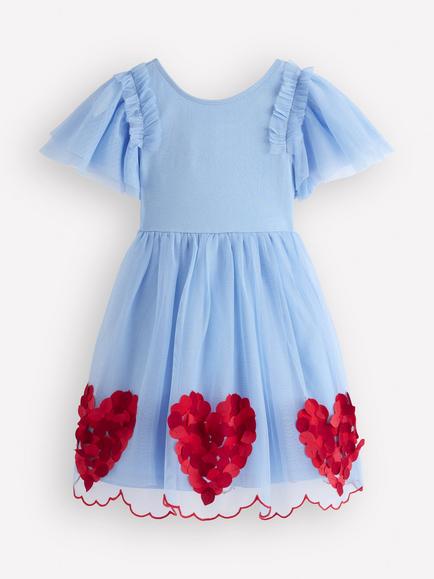 Mini Boden Kids' 3D Applique Frill Sleeve Tulle Dress, Blue Hearts, Blue Hearts