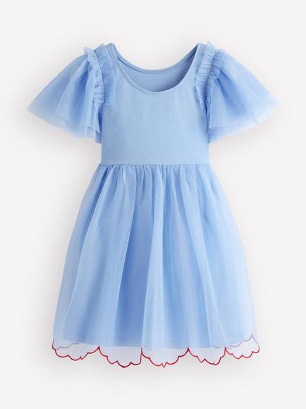 Mini Boden Kids' 3D Applique Frill Sleeve Tulle Dress, Blue Hearts - view 2, Blue Hearts