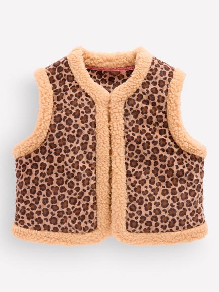Mini Boden Kids' Borg Trim Cotton Rich Gilet, Brown Leopard, Brown Leopard