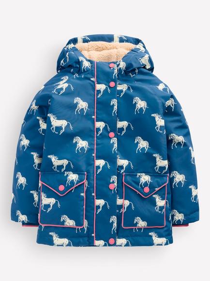 Mini Boden Kids' Printed Anorak Jacket, Blue Horses, Blue Horses