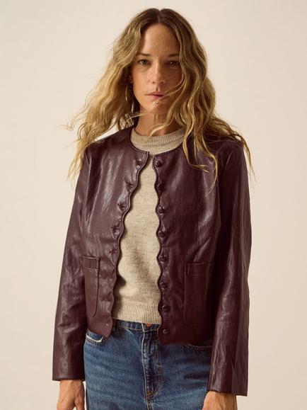 Monsoon Penelope Scallop Faux Leather Jacket, Chocolate, Chocolate