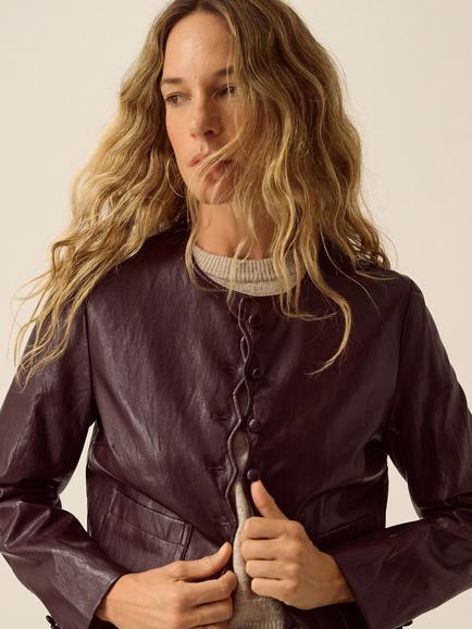 Monsoon Penelope Scallop Faux Leather Jacket, Chocolate - view 2, Chocolate