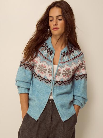 Monsoon Fair Isle Crew Neck Cardigan, Blue, Blue