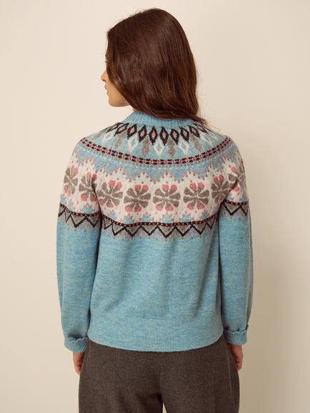 Monsoon Fair Isle Crew Neck Cardigan, Blue - view 2, Blue