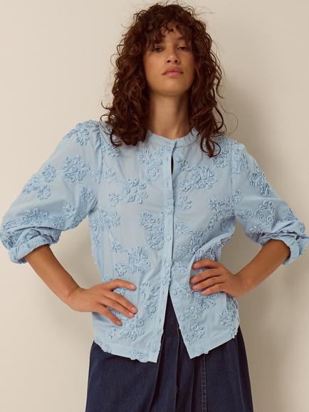 Monsoon Blair Embroidered Floral Long Sleeve Top, Blue, Blue