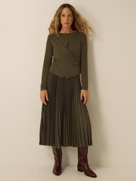 Monsoon Fiz Long Sleeve Drape Pleated Midi Dress, Khaki, Khaki