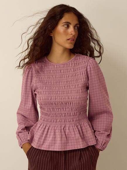 Monsoon Cotton Check Blouse, Pink, Pink