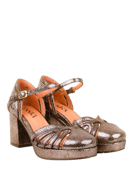 Esska Cecily Leather Block Heel Court Shoes, Metallic Chrome - view 2, Metallic Chrome