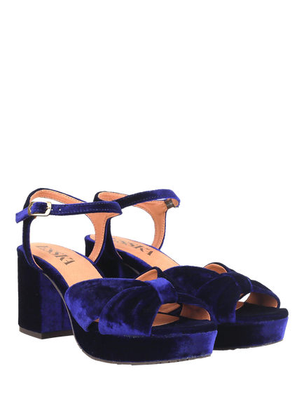 Esska Chilli Velvet Block Heel Sandals, Velvet Electric Blue - view 2, Velvet Electric Blue