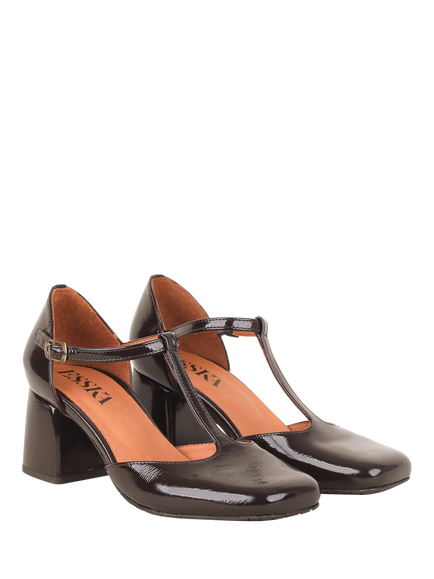 Esska Joy Patent Leather Block Heel Court Shoes, Patent Dark Brown - view 2, Patent Dark Brown