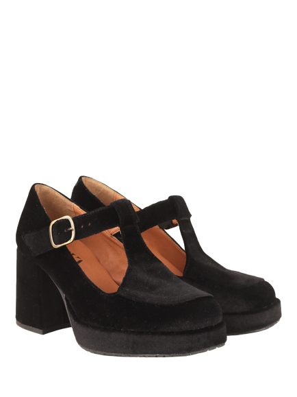 Esska Saffron Velvet Block Heel Court Shoes, Velvet Black - view 2, Velvet Black